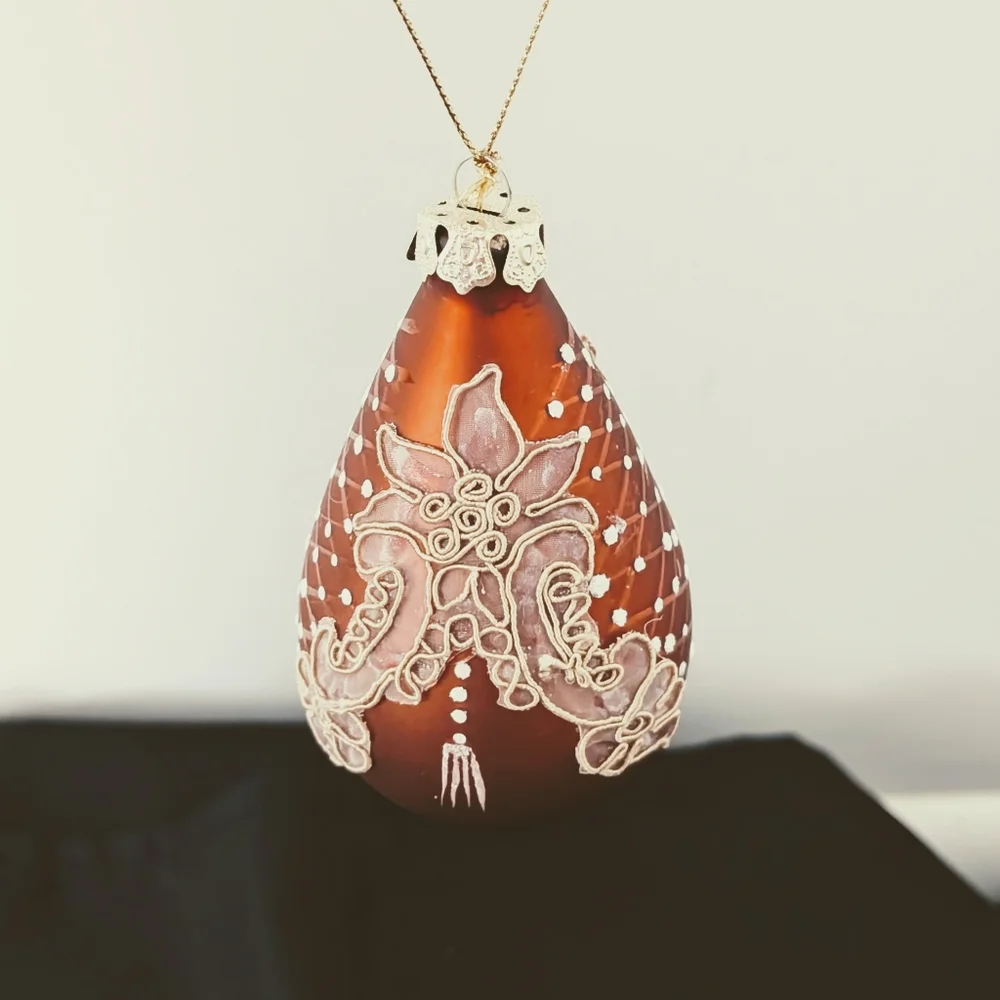 Christmas‎ Tear Drop Bronze Ornaments Decor Set Of 4 Lace-Like Applique Glitter